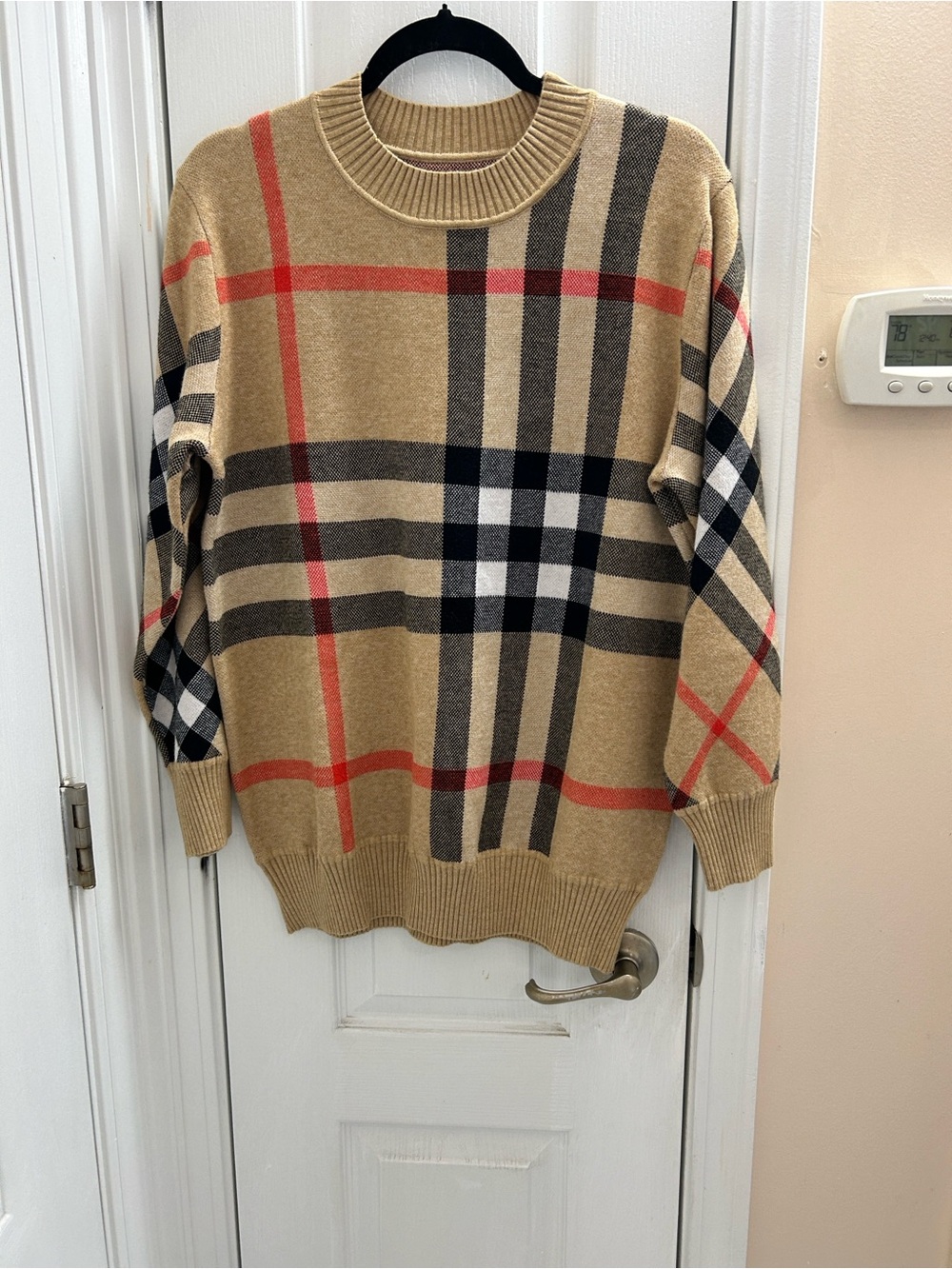 Men's Tan Plaid Crewneck Sweater - Classic Check
